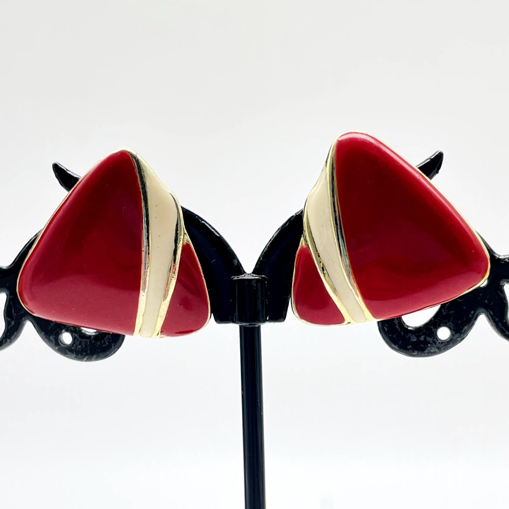 Vintage Pierced Earrings Red Enamel Triangle Gold Tone Geometric Statement 80s